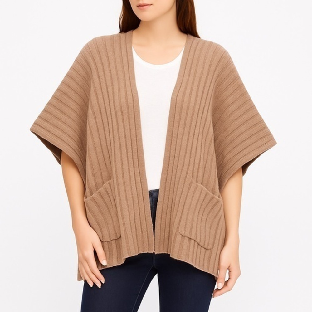 Cocogio Alpaca Blend Ribbed Knit Poncho Sweater Tan OS Made in Italy Pockets
